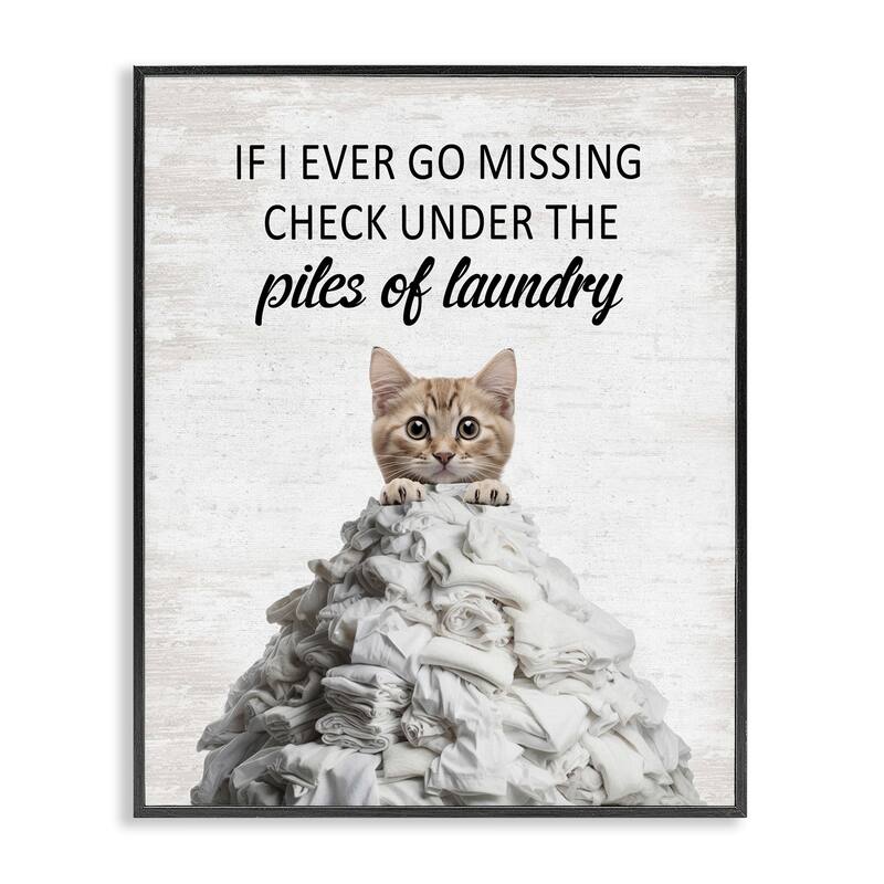 Stupell Piles Of Laundry Cat Framed Giclee Art Design By Lettered and Lined - 11 x 14 - Black