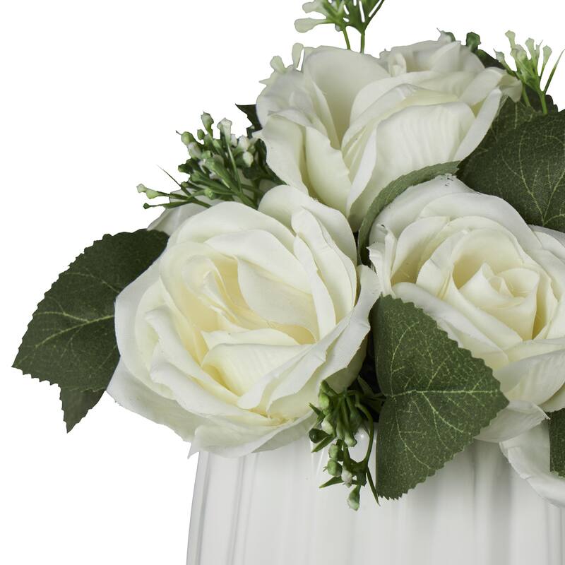 White Fabric Artificial Flower with Green Leaves and Round Ceramic Vase