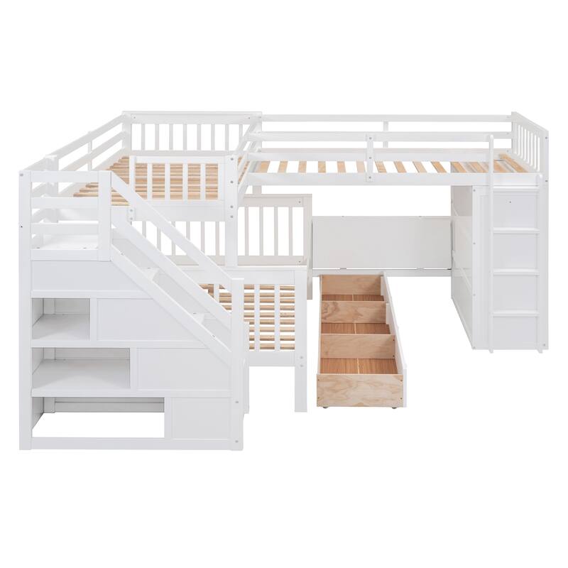 Roomfitters Twin Over Full L-Shaped Bunk Bed with 3 Drawers, Desk and Wardrobe