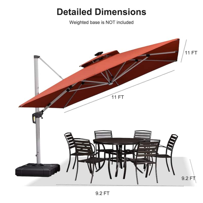 PURPLE LEAF 11 ft Double Top LED Square Patio Cantilever Umbrella