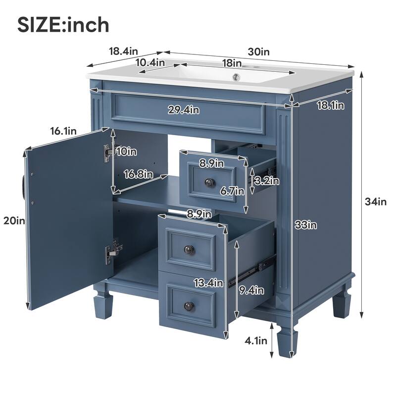 30'' Freestanding Bathroom Vanity with White Integrated Ceramic Sink - 30'' x 18.4'' x 34''