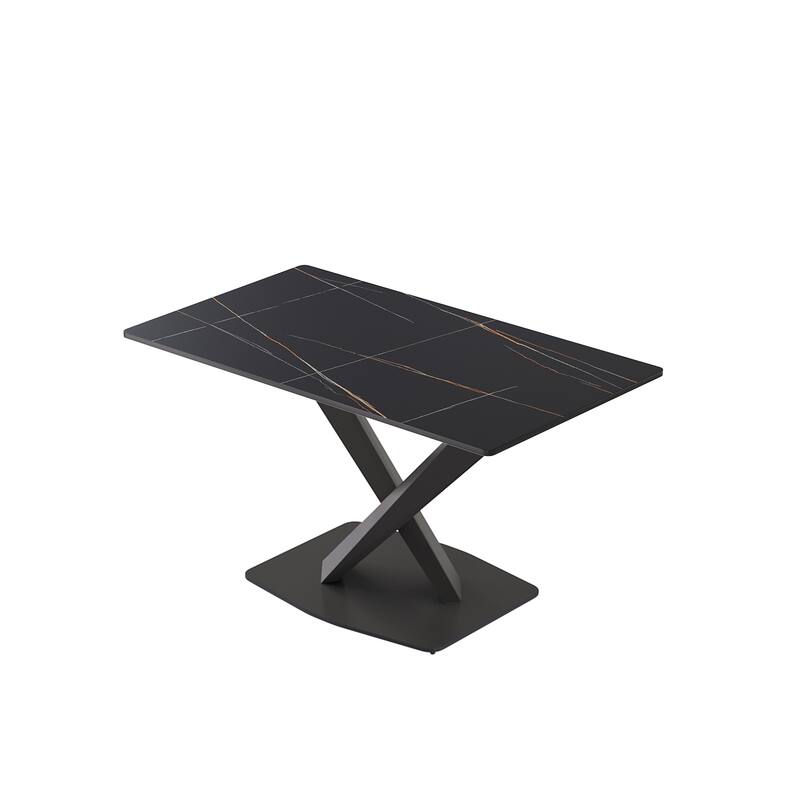 White 55 Inch Sintered Stone Kitchen Table with X-Shape Carbon Steel Pedestal, Minimalist Sintered Stone Tabletop
