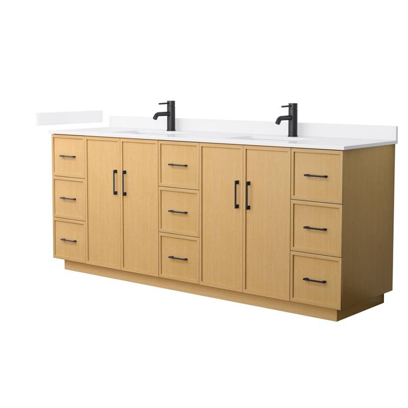 Wyndham Collection WCH7474-84D-QTZ-UNSMXX Elan TK 84" Free Standing - Light Oak / White Quartz Top / Matte Black