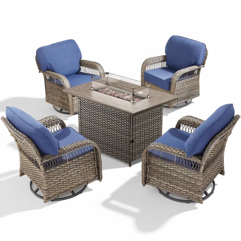 Pocassy Patio Sofa Ottoman Swivel Chair Table with Fire Table Funiture Set.