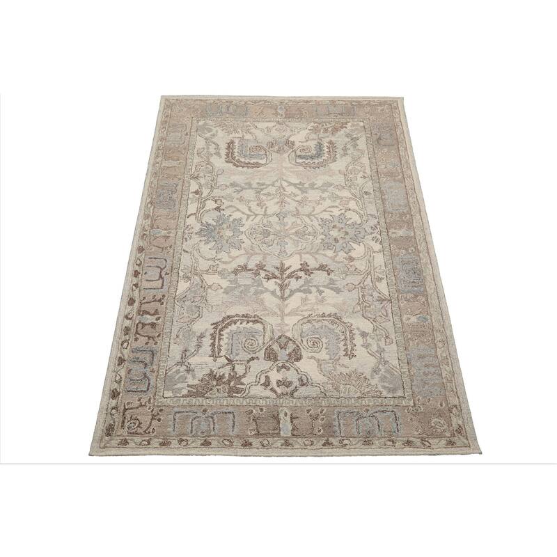 5'x8' Beige Hand-Hooked Transitional Area Rug Arts & Crafts Wool Design