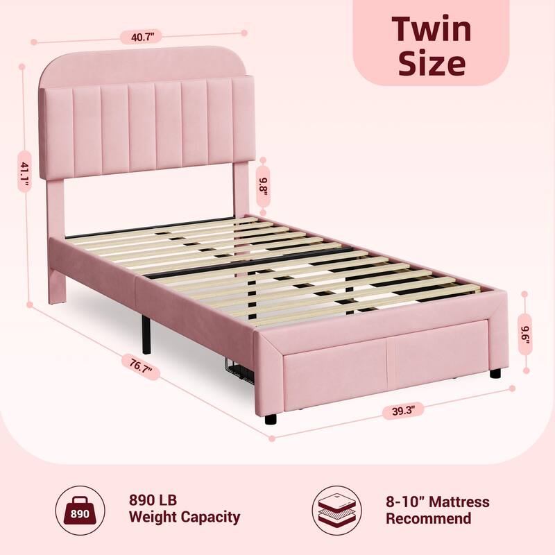 Bed Frame with Drawer, Velvet Upholstered Platform Bed Frame with Storage Headboard