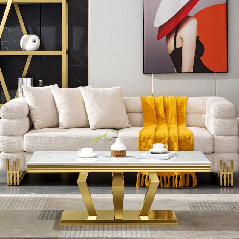 Modern Coffee Table with Stainless Steel Base 48 inches Rectangular Coffee Table with Sturdy Metal Frame for Living Room - White