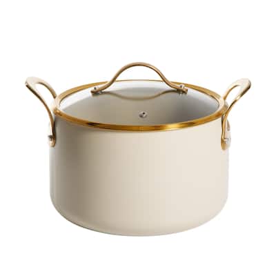 Bloomhouse 8Qt PFAS-free Ceramic Nonstock Stock Pot w/ Lid, Heavy-Duty Aluminum, Linen White, Gold Handles