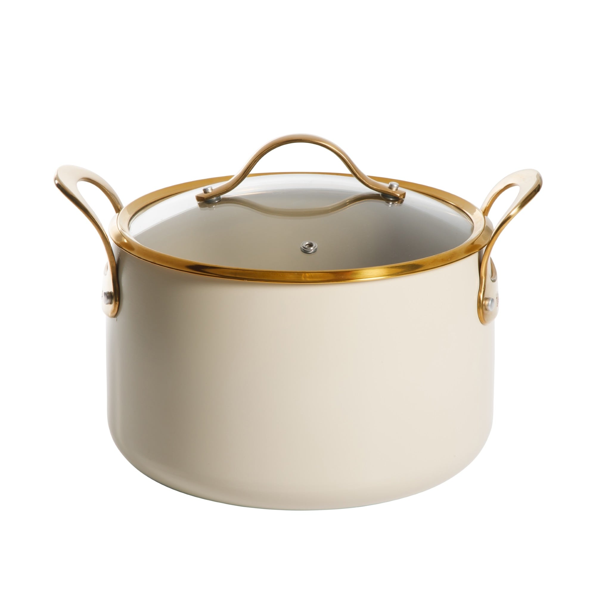 Bloomhouse 8Qt PFAS-free Ceramic Nonstock Stock Pot w/ Lid, Heavy-Duty Aluminum, Almond Cream, Gold Handles