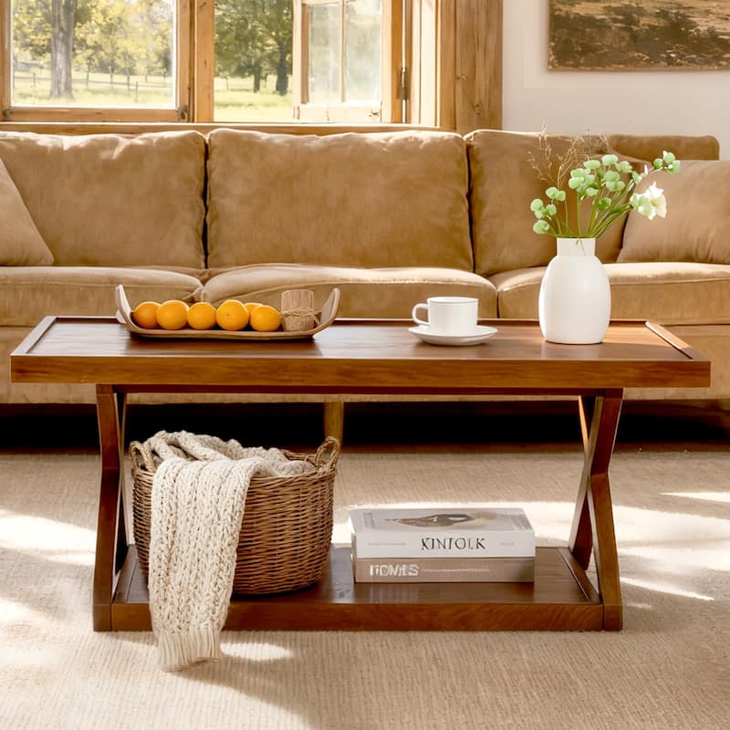 2-Tier Rectangular Solid Oak Wood Coffee Table with Cross Legs - 40.23"L x 21.17"W x 16.54"H