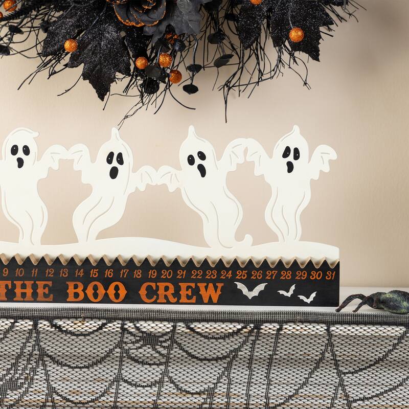 Glitzhome 18"L Happy Halloween Wooden Metal Dancing Witch or Ghost Countdown Calendar Table Decor