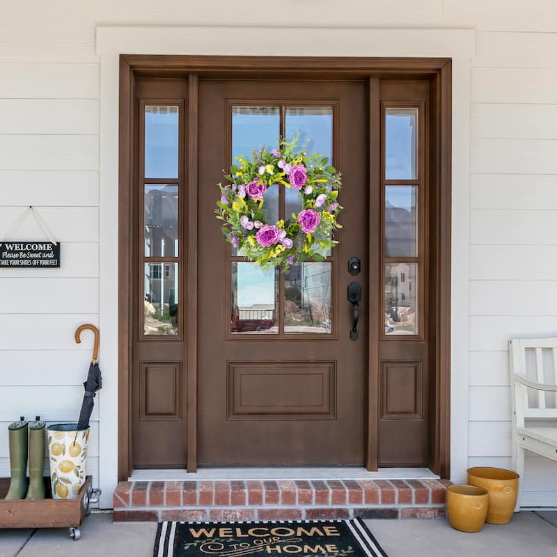 Peony Mixed Floral Springtime Wreath - 24" - Purple and Yellow