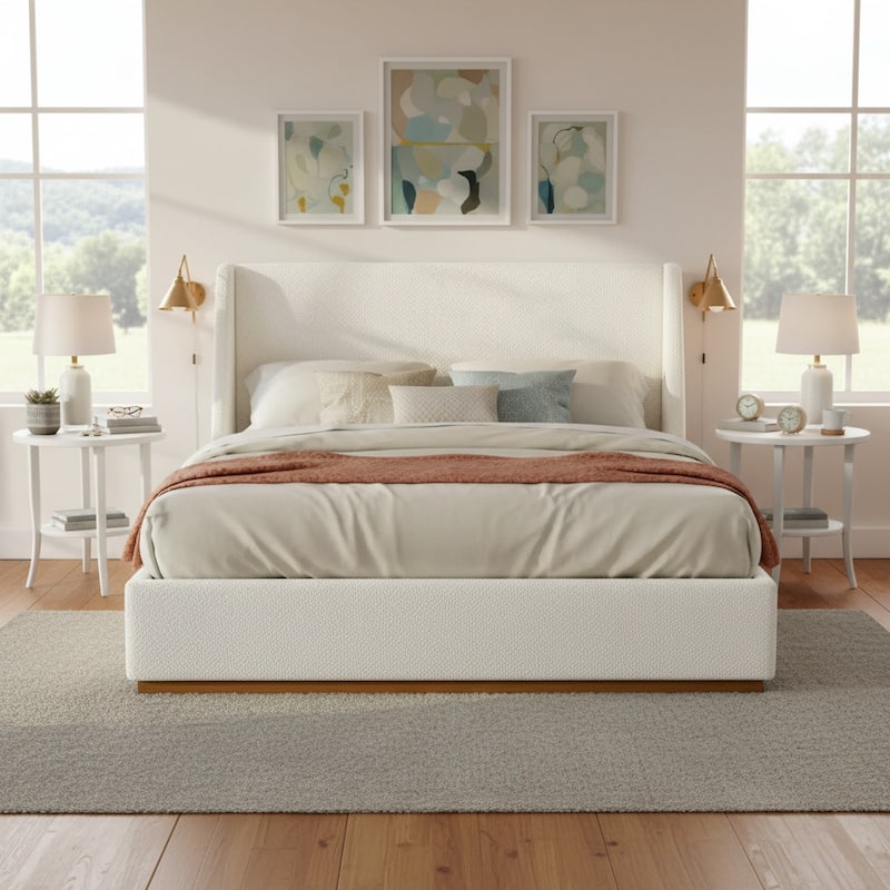 Christopher Knight Home - Modern Upholstered Boucle Platform Bed with Wingback Headboard