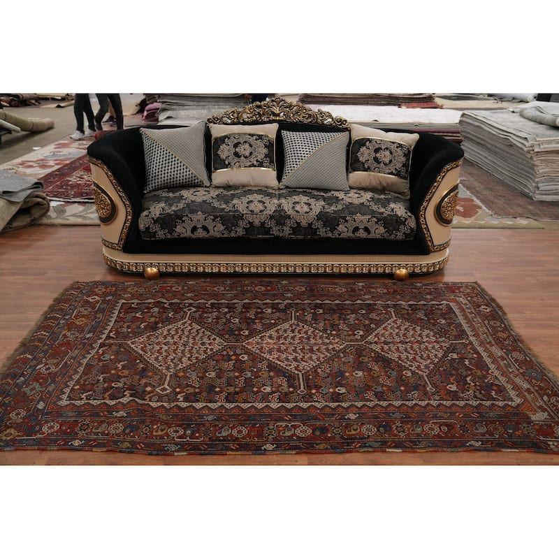 Hand Knotted Oriental 100% Wool Carpet Traditional Tribal Navy Blue & Blues Qashqai Area Rug - 8' 10'' X 4' 10''