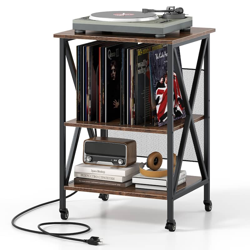 3-Tier Record Player Stand with Charging Station and Adjustable Shelf