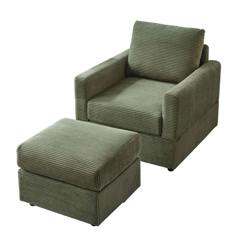 Corduroy Chaise Lounge Set with Ottoman and Adjustable Backrest