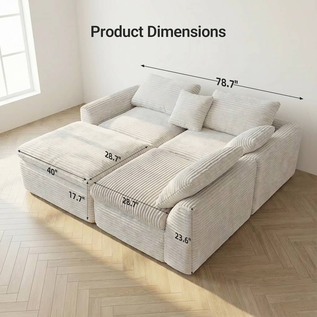 Corduroy Sectional Cloud Couch with Movable Ottoman, High-Density Boneless Sponge Sofa, L-Shape Deep Seat Corner Sofa