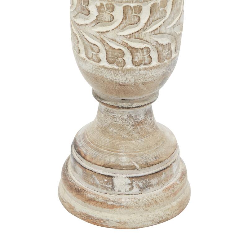 Beige Wood Handmade Decorative Candle Holder with Carved Designs (Set of 3)