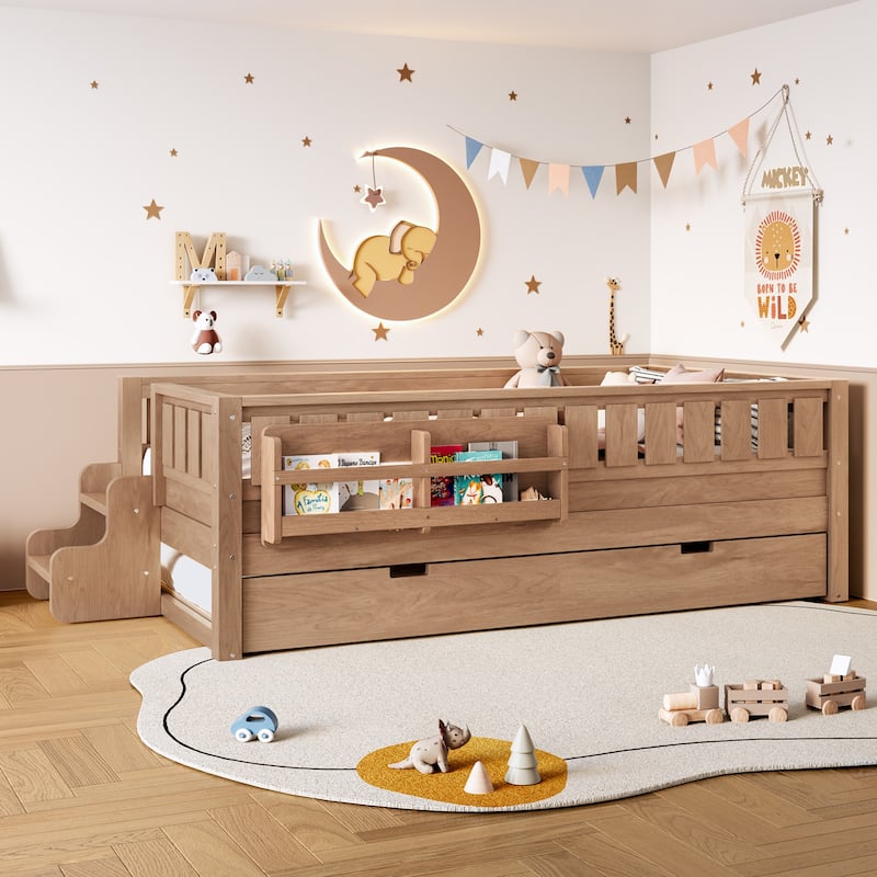 Full/Twin Loft Bed with Bookshelves, Safety Stairs & Trundle