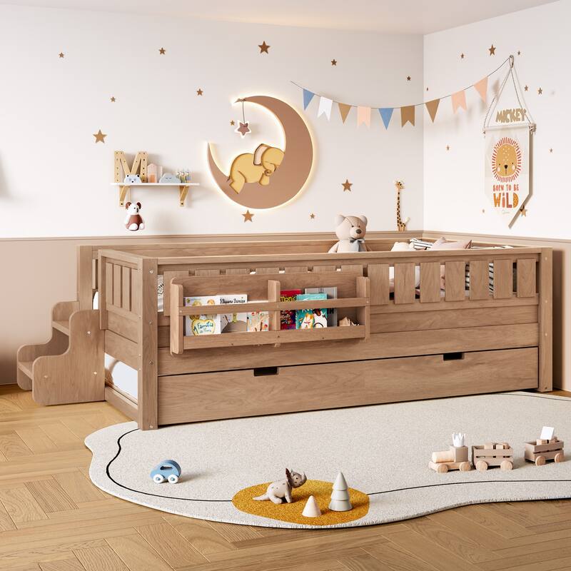 Full/Twin Size Wood Bed with Built-in Bookshelves and Storage Staircase, Safety Rails and Trundle Bed