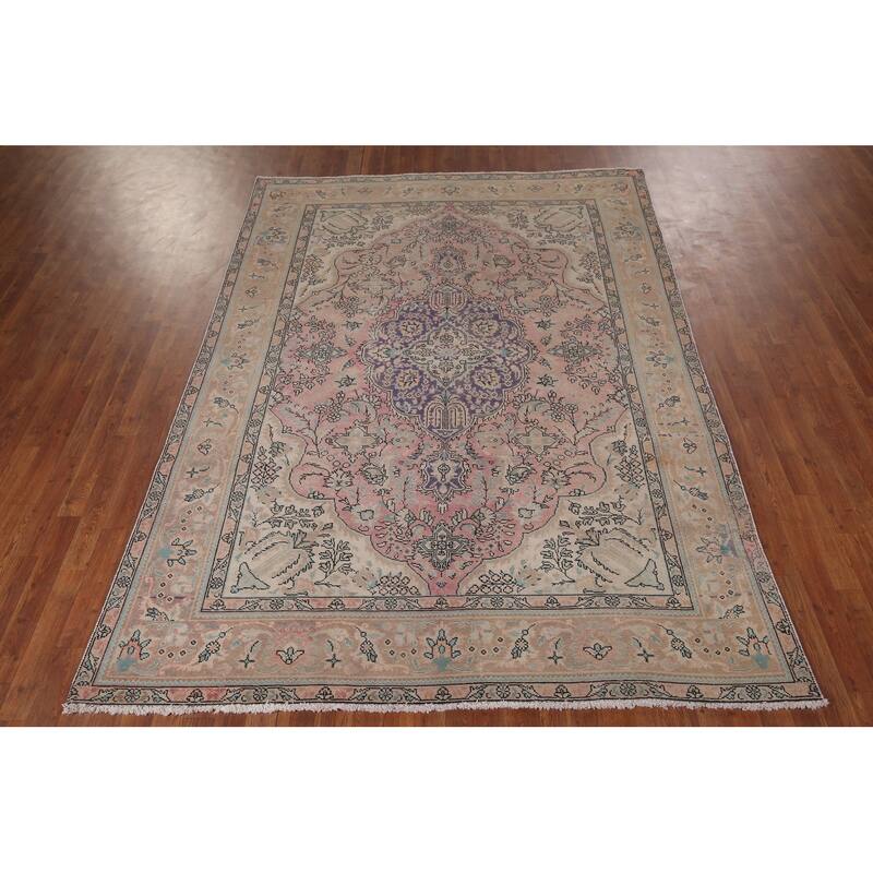 Pink Tabriz Vintage Persian Area Rug Handmade Wool Carpet - 6'9" x 9'3"
