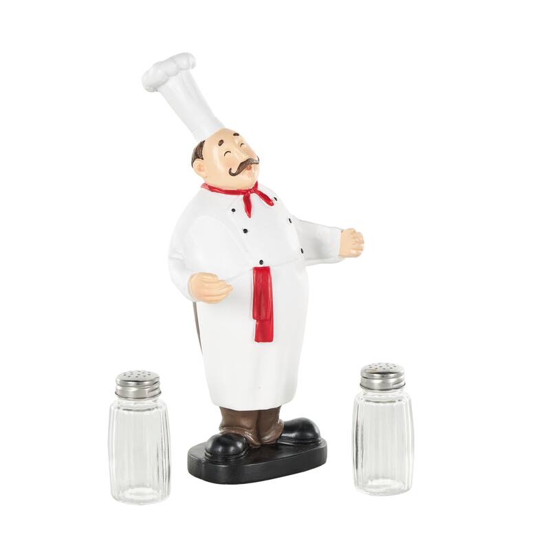 White Polystone Kitchen Decorative Figurine Chef Salt and Pepper Shaker Holder with Red Accents