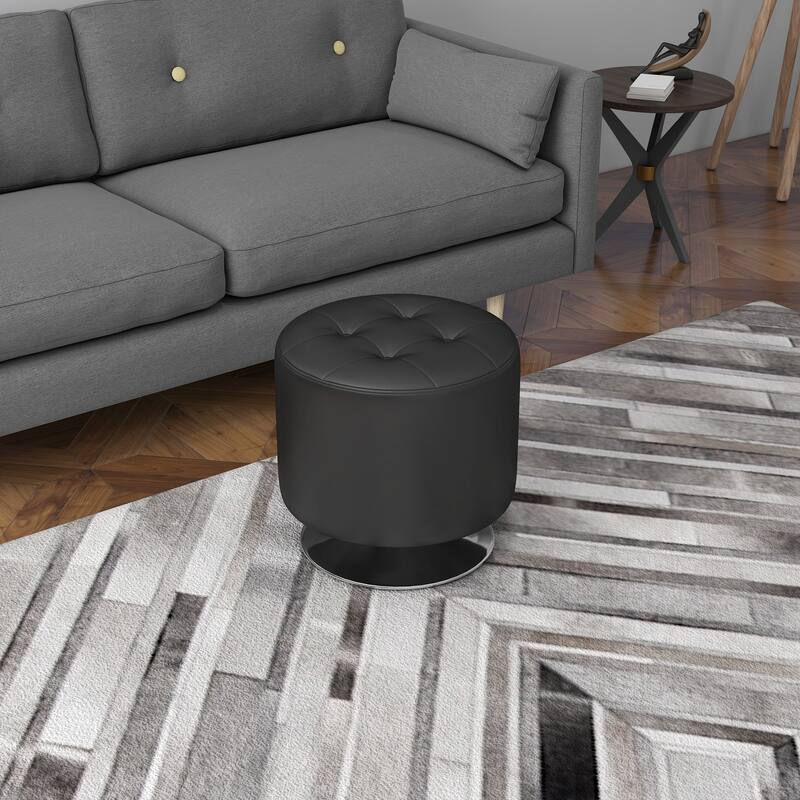 Modern Black PU Swivel Footstool with Button Tufted Seat and Stable Metal Base for Living Room