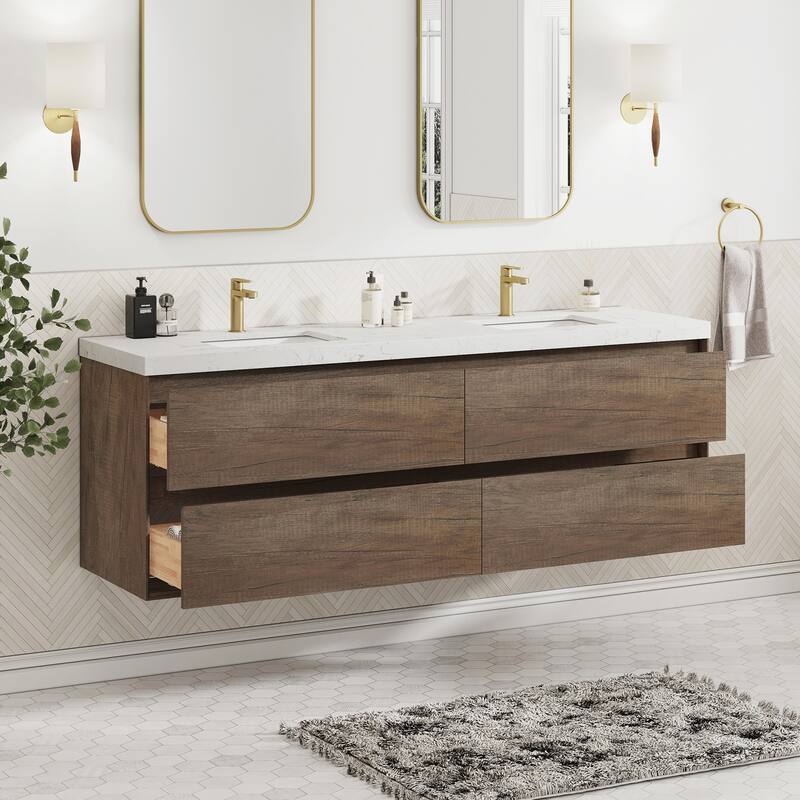 Sylphar 72 inch Bathroom Vanity with Sink, Floating Oak Cabinet with Stone Top