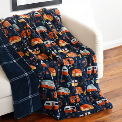 HomeRoots 50" X 60" Blue Orange and Yellow Velvet Quilted Plush Throw Blanket