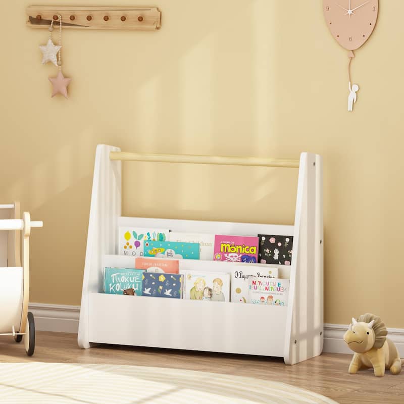 Kids Bookshelf with Wooden Handle, 2-Tier Front-Facing Toddler Bookcase, Portable Children's Book Storage Organizer for Bedroom