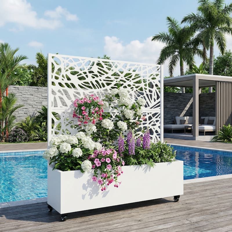 Metal Galvanized Planter Box with Trellis Privacy Screen Lockable Wheels - White-Rectangle - 47"x47"