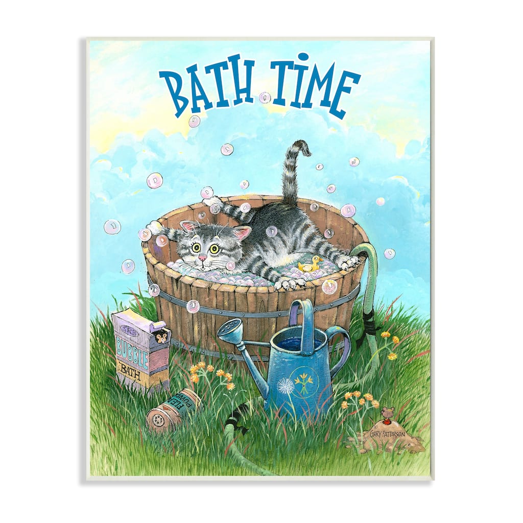 Stupell Bath Time Funny Cat Cartoon Pet Design Wood Wall Art