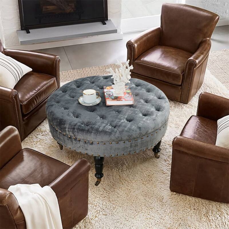 Round Velvet Tufted Coffee Table Ottoman, 34" x 34" x 17" H