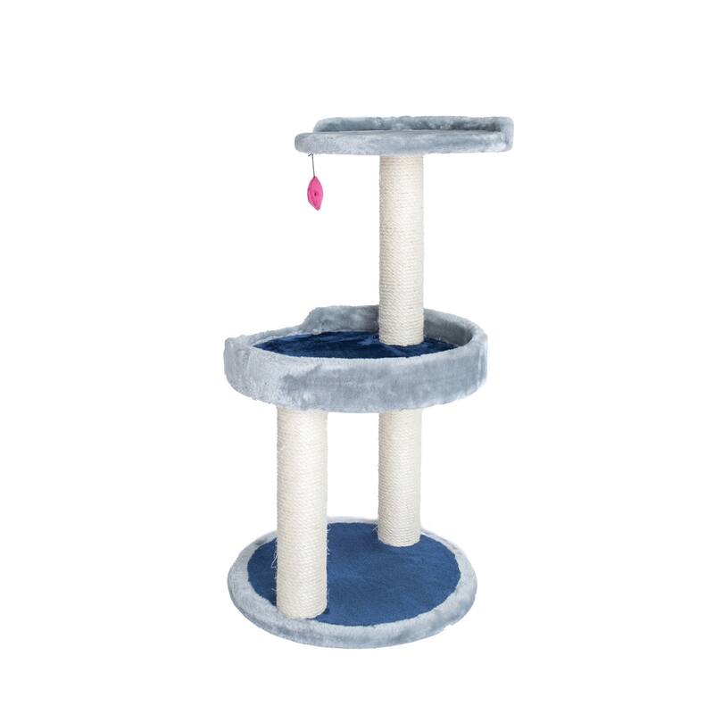 Three-Level Real Wood Compact Scratcher, Gray W Plush Perch - 16"(L)X16"(W)X30"(H)