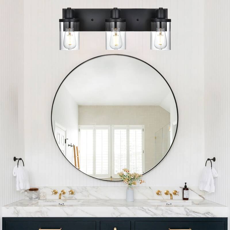 Rustic Wall Light Fixture in Matte Black Finish, 3 Light Bathroom Vanity Lighting with Clear Glass Shade, Wall Lamp Sconces