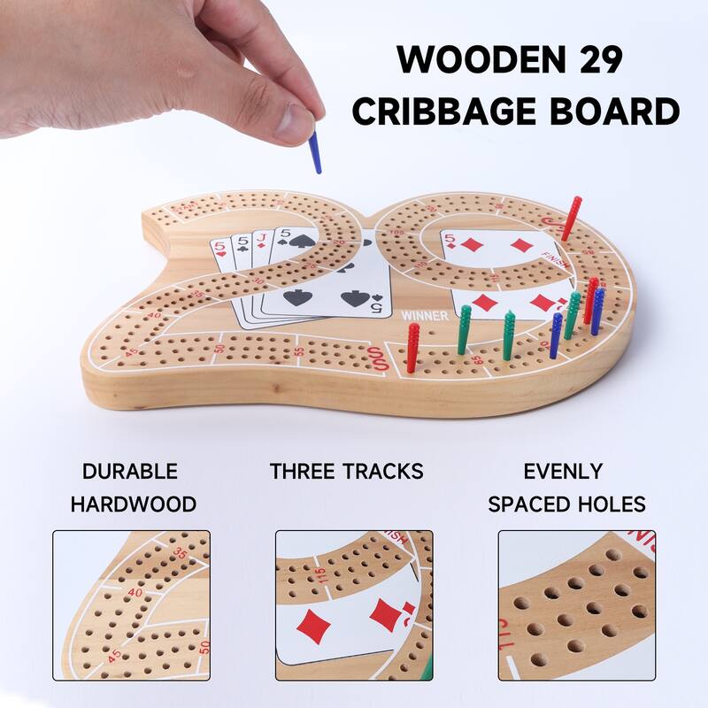 GSE™ Classic Wooden 29 Cribbage Board Game with Plastic Pegs, Classic Three-Person Cribbage Board