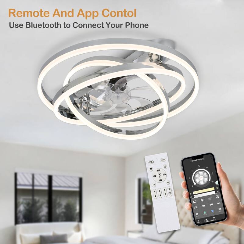 24" Adjustable Light Kit Flush Mount Ceiling Fan, 3 Color Tone CCT dimmable 6 Fan Speed, Remote & App Control for Bedroom - Chrome