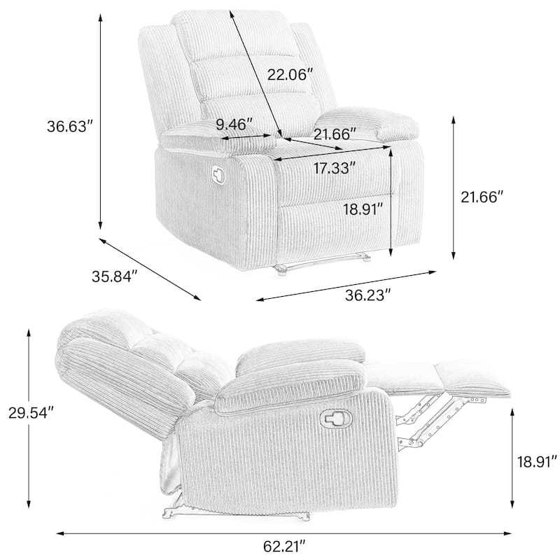 2 Set Modern Corduroy Manual Recliner Chair, Oversize Accent Chair Recliner with Wide Armrest