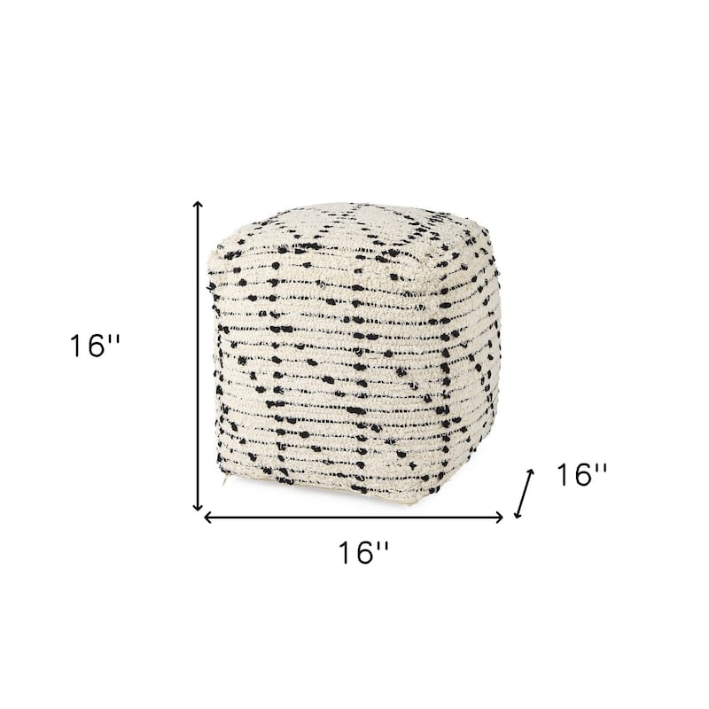 HomeRoots 16" Cream And Black Cotton Geometric Cube Pouf Ottoman