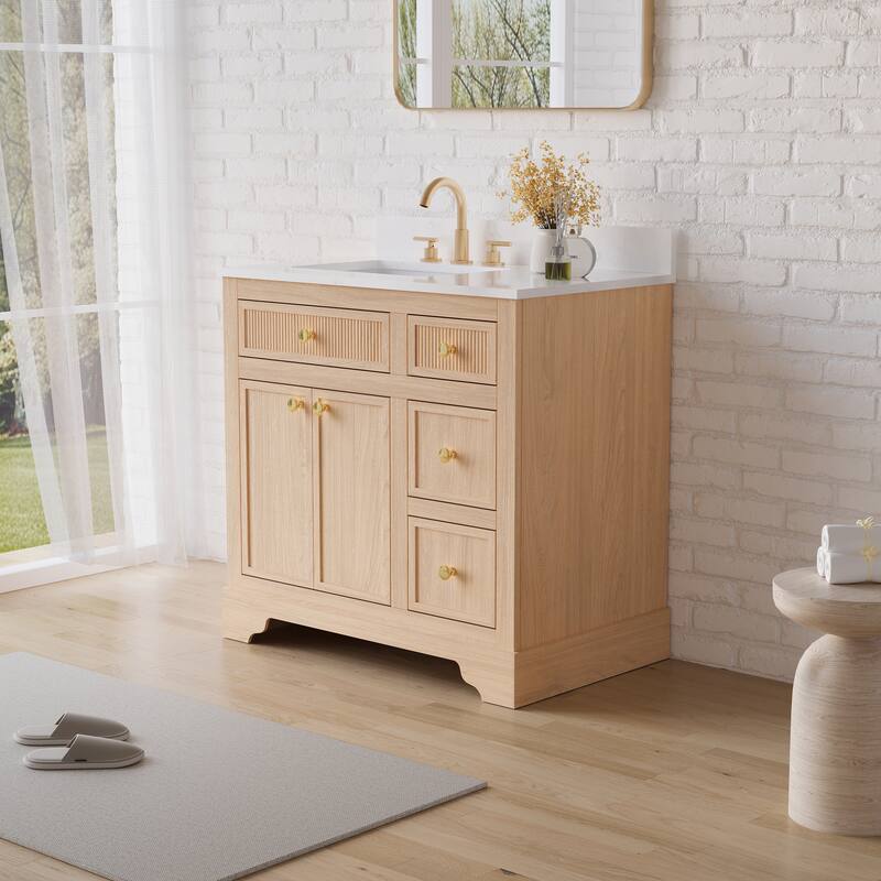 35''H Bath Solid Wood Vanity with Stain-resistant Carrera White Quartz Top And Single Sink