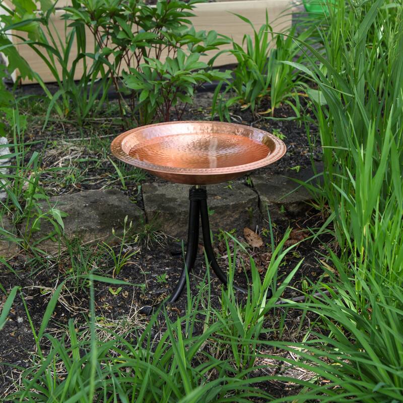 Achla Designs 14"W Round Satin Copper Hammered Solid Birdbath w/ Black Wrought Iron Tripod Stand