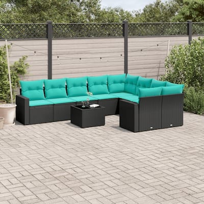 vidaXL 10 Piece Patio Sofa Set with Cushions Black Poly Rattan - 24.4" x 24.4" x 27.2"