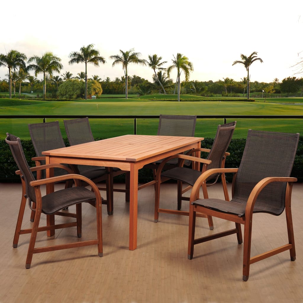 7-Piece Brown Bahamas Eucalyptus Patio Dining Set Sling Chairs 59"