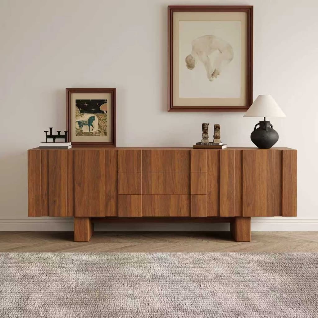71" Mid Century Wood TV Stands, Brown Media Console with 3 Drawers and 2 Cabinets