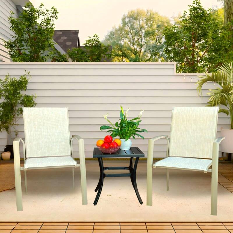 Garden Patio Chairs Set Of 2, All Weather Metal Outdoor Dining Chairs, Garden, Poolside, Black Color Frame