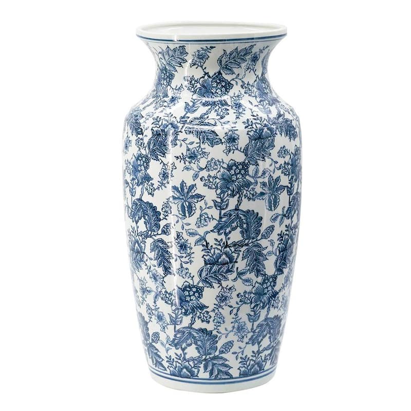 24" Blue And White Chinoiserie Porcelain Urn Table Vase - 11.80