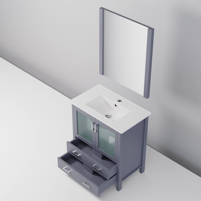 Bathroom Vanity with Ceramic Top, 28" x 32" Mirror, Soft Close Cabinet & Drawers, Scratch & Stain Resistant