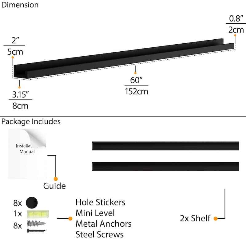 Wallniture Denver Narrow Picture Ledge Wall Shelves 60" ,Black, Set of 2
