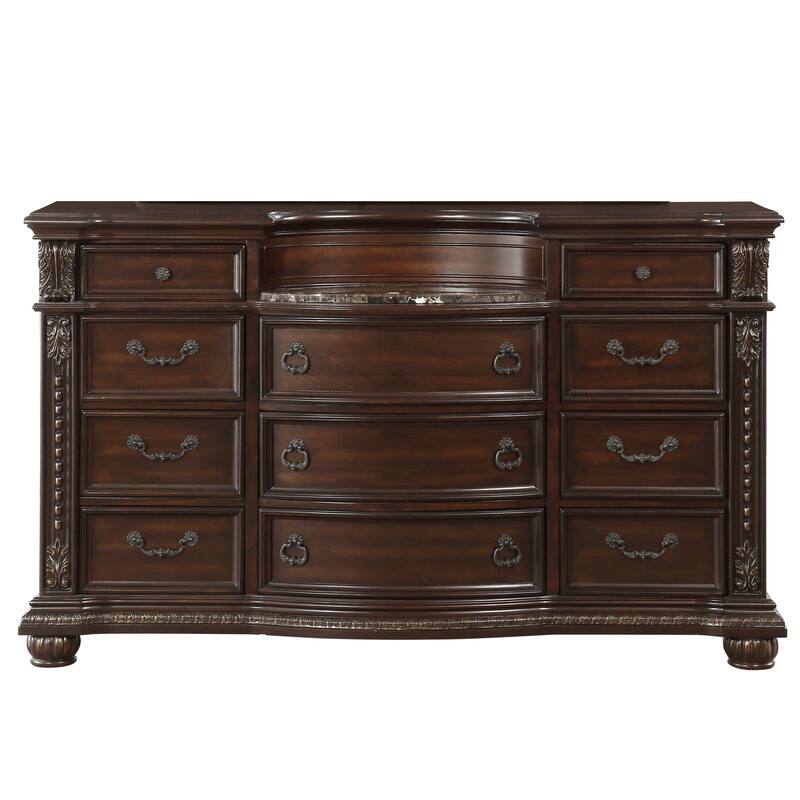 Formal Traditional Bedroom Sets Brown Finish Bed Nightstand Dresser Mirror Marble Top Pieces