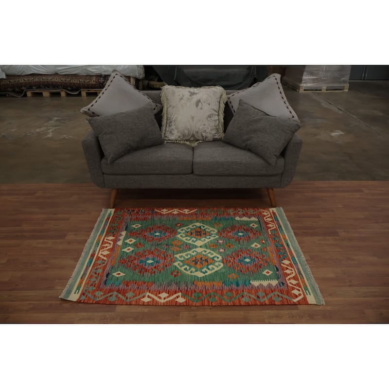 Hand Woven Oriental 100% Wool Carpet Southwestern Tribal Green Kilim Area Rug - 4' 9'' X 3' 6''